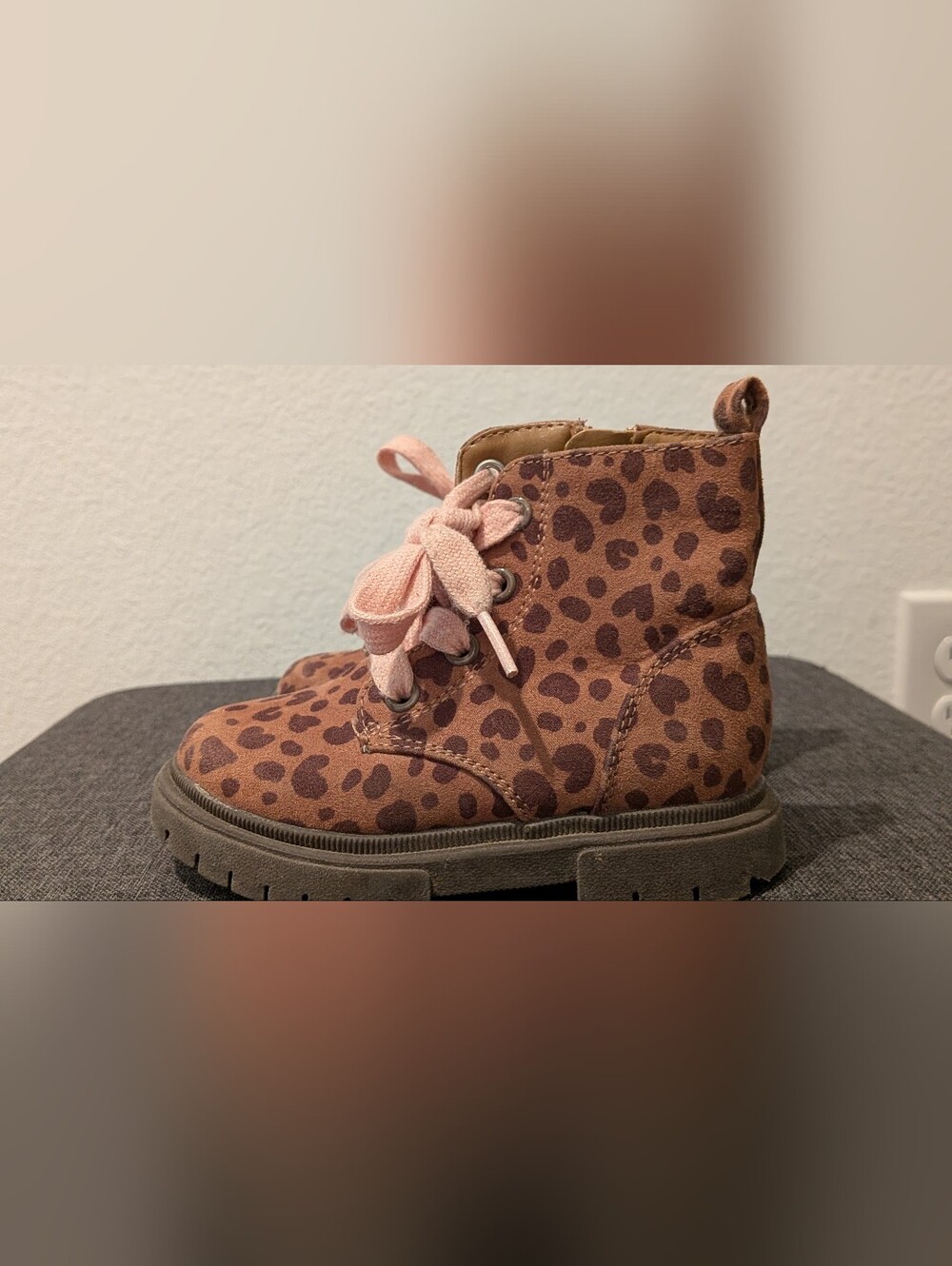Cat & Jack Leopard Print Ankle Boots with Pink Laces
